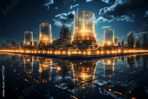 Futuristic Nuclear Power Plants  and Grid , Nuclear Technology Futurism Digital Concept Render