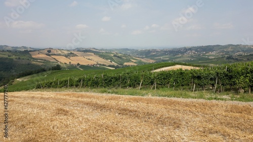 Europe, Italy , Montalto pavese Oltrepo' - drone aerial view of  wheat fields and vineyards in a hilltop village in the Apennines between Lombardy and Tuscany - wine production photo