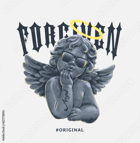 Stampa su tela forgiven slogan with antique baby angel in sunglasses,vector illustration for t-shirt