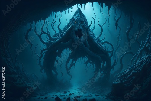 Kraken's Hidden Lair in Dark Underwater Cave | Eerie and Mysterious Abyss | Mythical Sea Creature's Enigmatic Dwelling - Generative AI