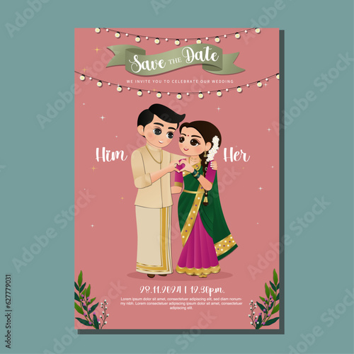  Wedding invitation card the bride and groom cute couple in traditional indian dress cartoon character. Vector illustration