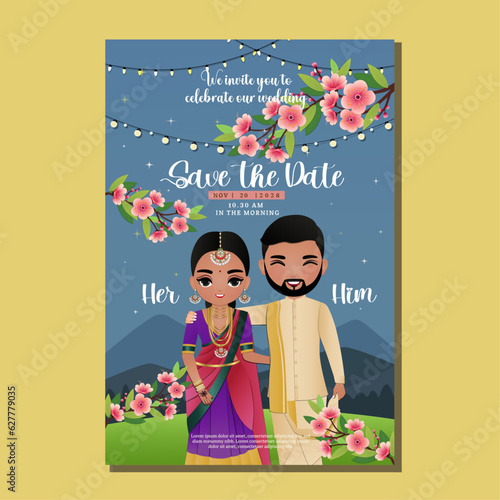  Wedding invitation card the bride and groom cute couple in traditional indian dress cartoon character. Vector illustration