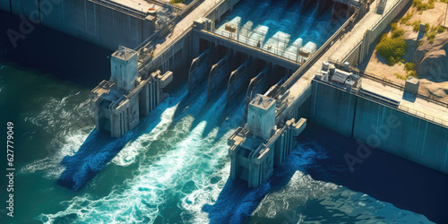 Aerial top view hydroelectric dam, water discharge through locks, blue color banner industrial concept photo