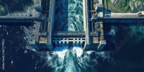 Aerial top view hydroelectric dam, water discharge through locks, blue color banner industrial concept photo
