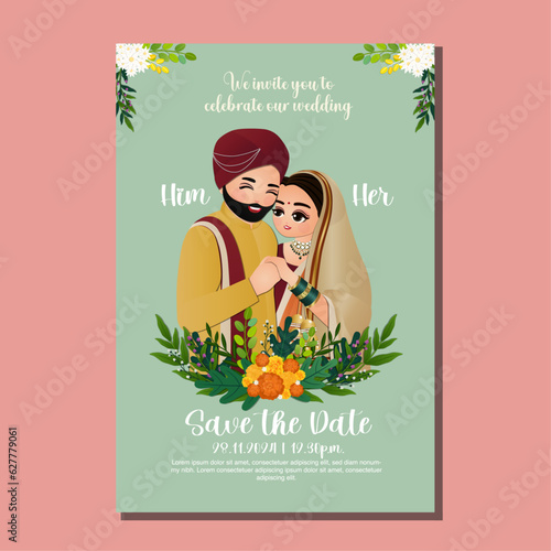  Wedding invitation card the bride and groom cute couple in traditional indian dress cartoon character. Vector illustration