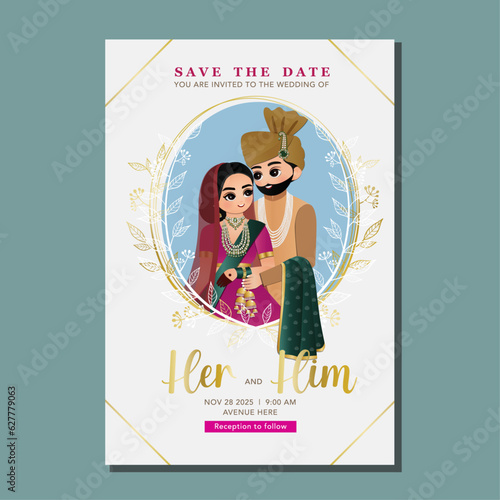  Wedding invitation card the bride and groom cute couple in traditional indian dress cartoon character. Vector illustration