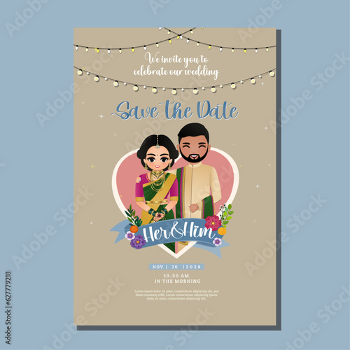  Wedding invitation card the bride and groom cute couple in traditional indian dress cartoon character. Vector illustration