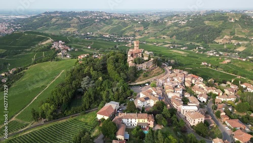 Europe, Italy , Oltrepo' Pavese , Broni - Cigognola castle of Moratti family in the green countryside landscape - drone aeriel view of vineyard land for production of vine in Lombardy Tuscany  photo