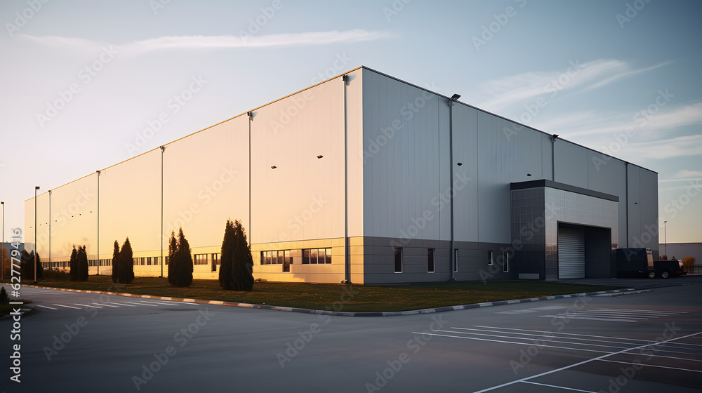 Logistics center, warehouse or large retail store under a blue sky. Generative AI - obrazy, fototapety, plakaty 