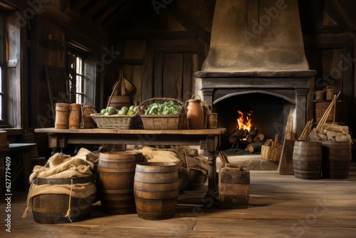 An enchanting images showcasing the rustic charm of grain-filled baskets and wooden barrels. Generative Ai © bluebeat76