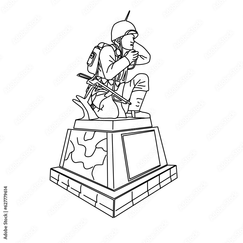 War soldier line art icon sending a code with his radio