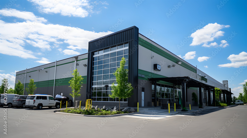 Logistics center, warehouse or large retail store under a blue sky. Generative AI Logistics center, warehouse or large retail store under a blue sky. Generative AI
