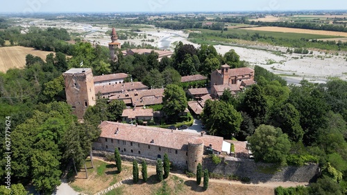 Europe, Italy , Rivergaro , Emilia Romagna - Drone aerial view of Rivalta Castle near Trebbia river  photo