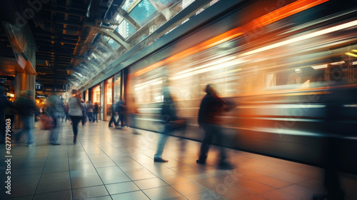 A bustling city subway station, blur of people getting on and off the train. Generative AI