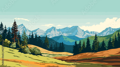 AI generated. Vector illustration. View of an alpine landscape. Simple vector illustration, with meadows and alpine mountains in the background