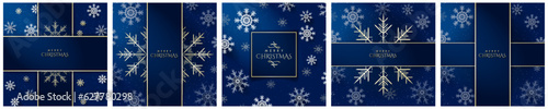 Fotografie, Obraz Merry Christmas Cards with 3d white and bright snowflakes on dark blue background
