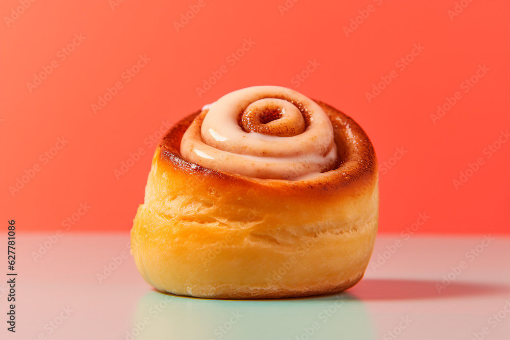 custom made wallpaper toronto digitalModern photography picture of fresh brown appetizing cinnabon bun vanilla cinnamon icing isolated on pink color background generative ai