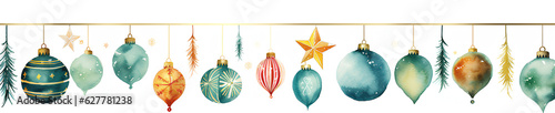 Horizontal banner. Christmas tree garland and ornaments, watercolors - Generative AI