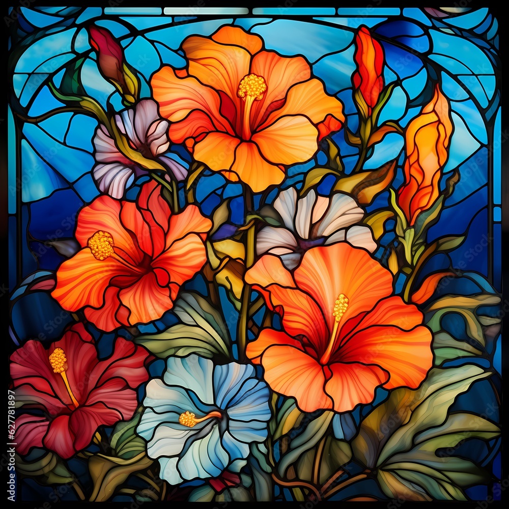 orange yellow and blue lilies on a stained glass panel
