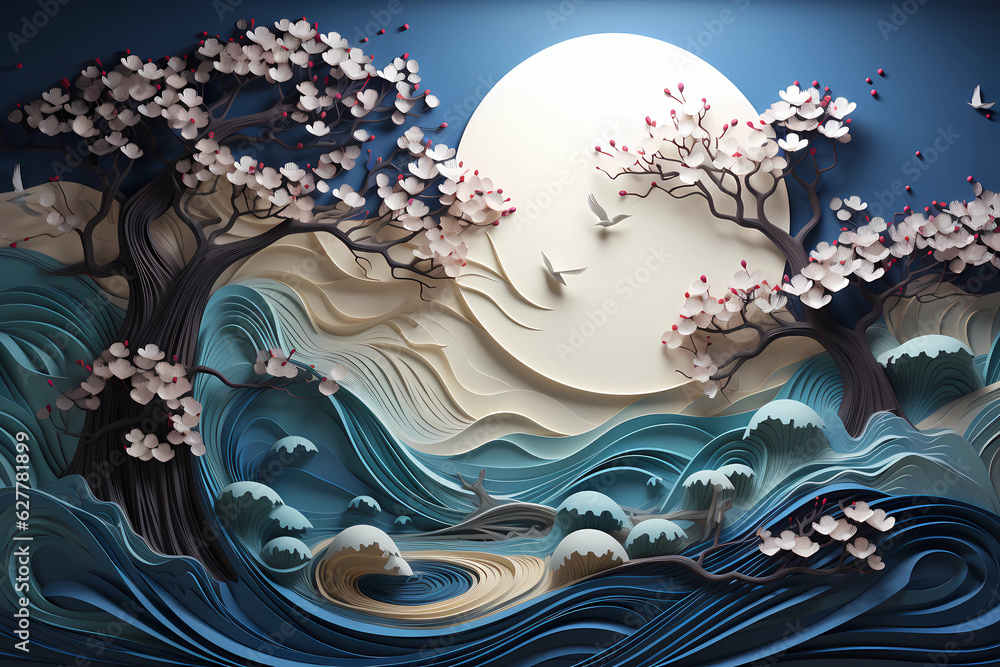 Lovely depiction of nature using Trees, Moon and a lake using 3d wall art, Generative AI