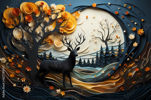 Dark 3d Wall art of a deer standing next to a tree with golden leaves. Natural lake depiction next to the dee, Generative AI