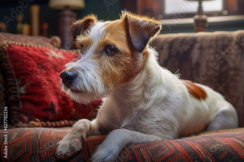 Jack Russell Terrier dog lying on couch looking away