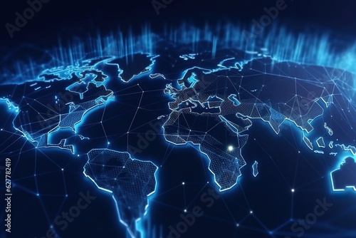 world map with glowing border and connecting lines and blue background