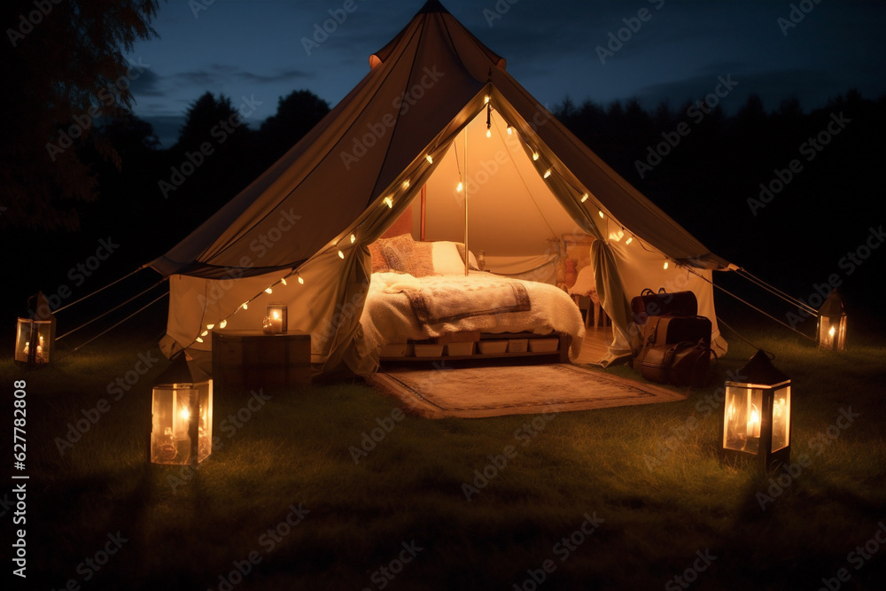 canvas forest light nature luxury camping vacation tent travel glamping. Generative AI.