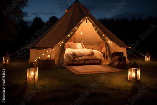 canvas forest light nature luxury camping vacation tent travel glamping. Generative AI. © SHOTPRIME STUDIO