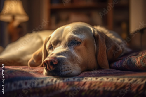 Labrador Retriever dog lying on bed sleeping head down © Atomic Baker Design
