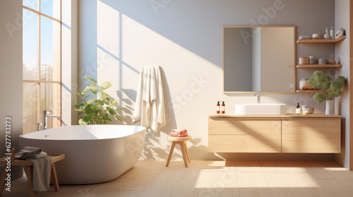 Minimalist white interior bathroom with wooden floor. Generative AI