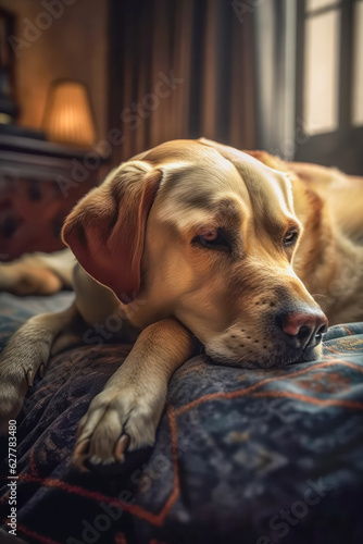 Labrador Retriever dog lying on bed head down