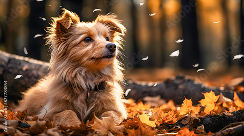 Beautiful happy dog in the forest with brown autumn leaves falling. Autumn landscape and dog