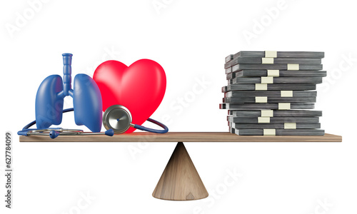 Red heartand Lung health check and Money on seesaw. Real estate business mortgage investment and financial loan concept. real estate property, Clipping path, 3D rendering photo