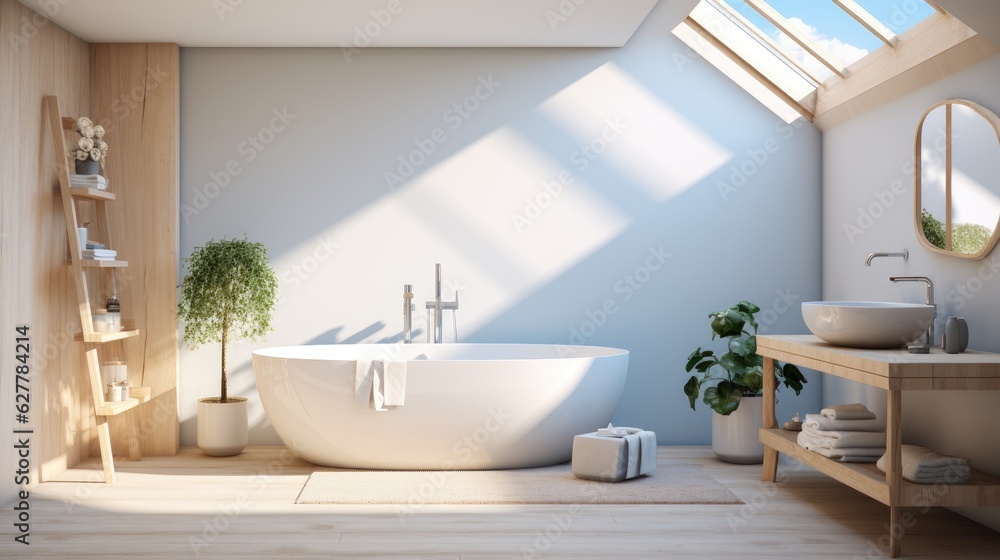 Minimalist white interior bathroom with wooden floor. Generative AI Minimalist white interior bathroom with wooden floor. Generative AI
