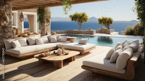 Minimalist greek resort by the sea. Indoor outdoor space with lounging furniture, with cushions and throw. Generative AI © piai