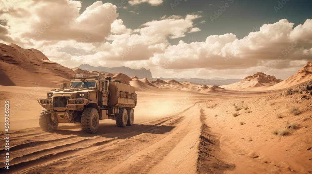 A military truck in the middle of a desert A military truck in the middle of a desert