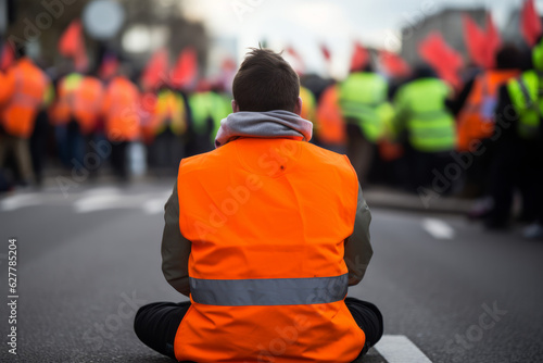 Climate change protest activists wearing hi vis jacket sit on a road and block traffic © ink drop