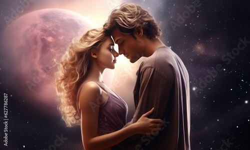 A young couple of lovers hugging on the background of space. AI generative.