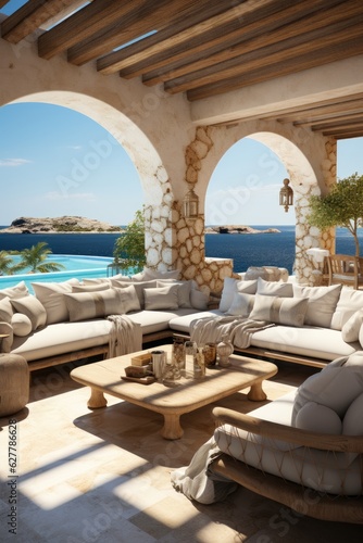 Minimalist greek resort by the sea. Indoor outdoor space with lounging furniture  with cushions and throw. Generative AI