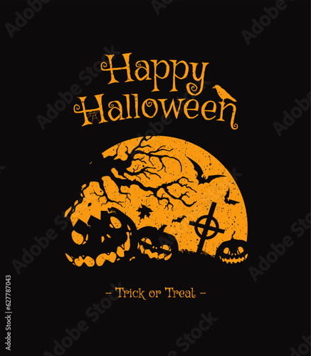 Happy halloween banner or party invitation background with violet fog clouds and pumpkins	