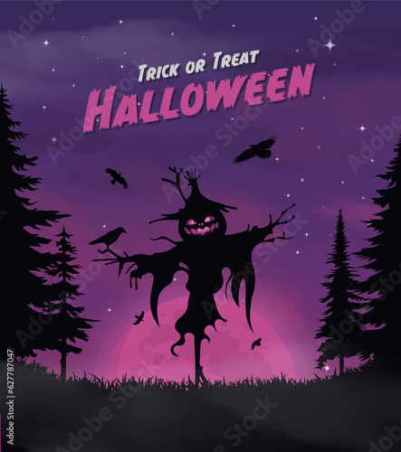 Happy halloween banner or party invitation background with violet fog clouds and pumpkins	