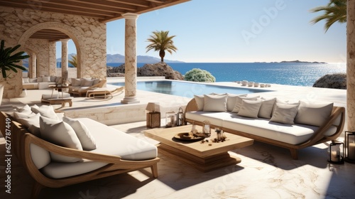 Minimalist greek resort by the sea. Indoor outdoor space with lounging furniture, with cushions and throw. Generative AI © piai
