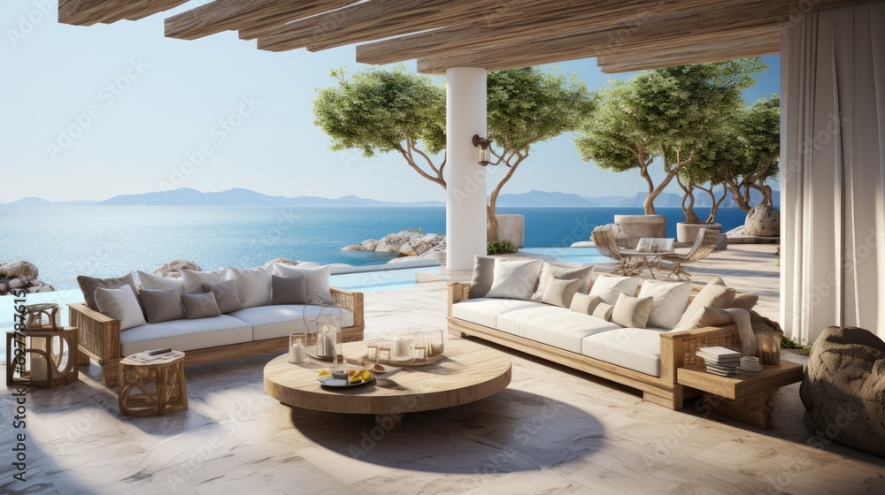 Obraz premium Minimalist greek resort by the sea. Indoor outdoor space with lounging furniture, with cushions and throw. 