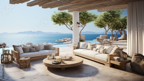 Minimalist greek resort by the sea. Indoor outdoor space with lounging furniture, with cushions and throw.  © piai