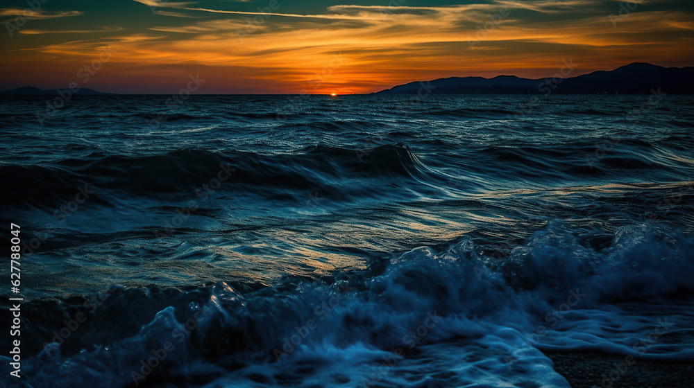 Obraz premium The sky erupts in vibrant colors, as the sun sets over the Pacific Ocean, at Sunrise.