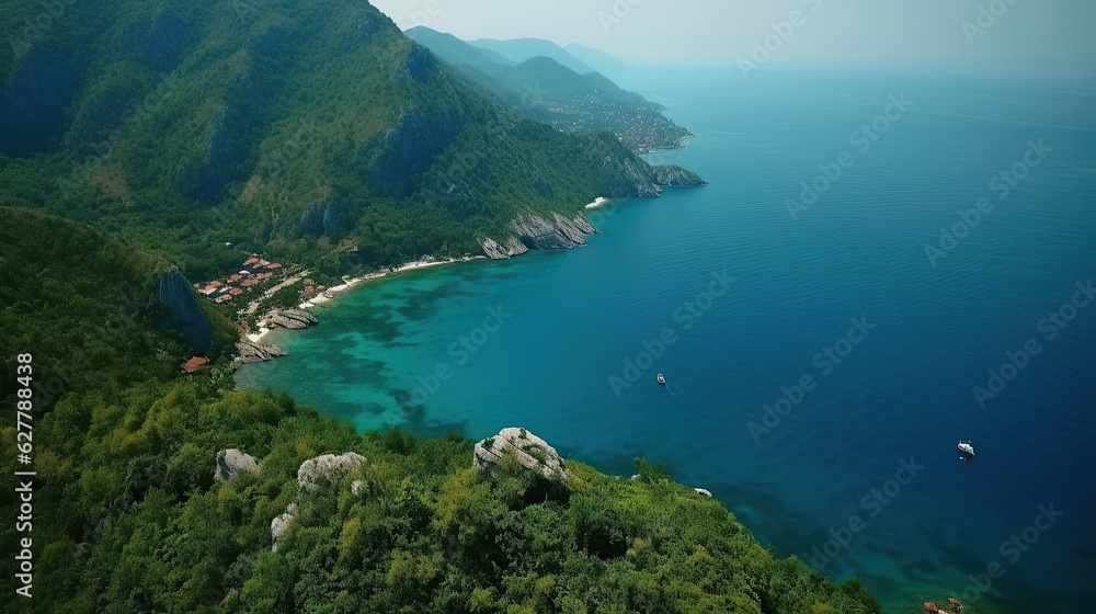 Panorama of blue sea and mountain landscape. View from drone.
