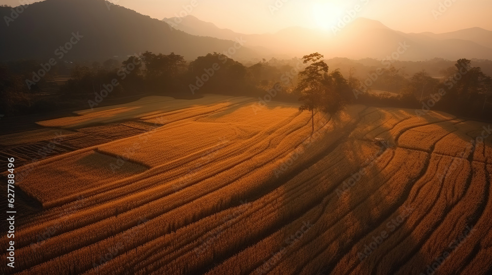 Top view of rice field at the sunset on harvest season
