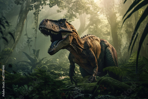 Tyrannosaurus rex hunts in a prehistoric forest and growls with its mouth open © sommersby