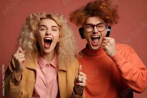 Young guy in glasses and headphones and girl in yellow jacket cheerfully shout and look at the camera on a pink background